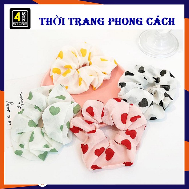 Dây Buộc Tóc Họa Tiết Chấm Bị Tim - Cột Tóc Hoa Tiết Tim - Scrunchies Dễ Thương (Nhiều Màu)