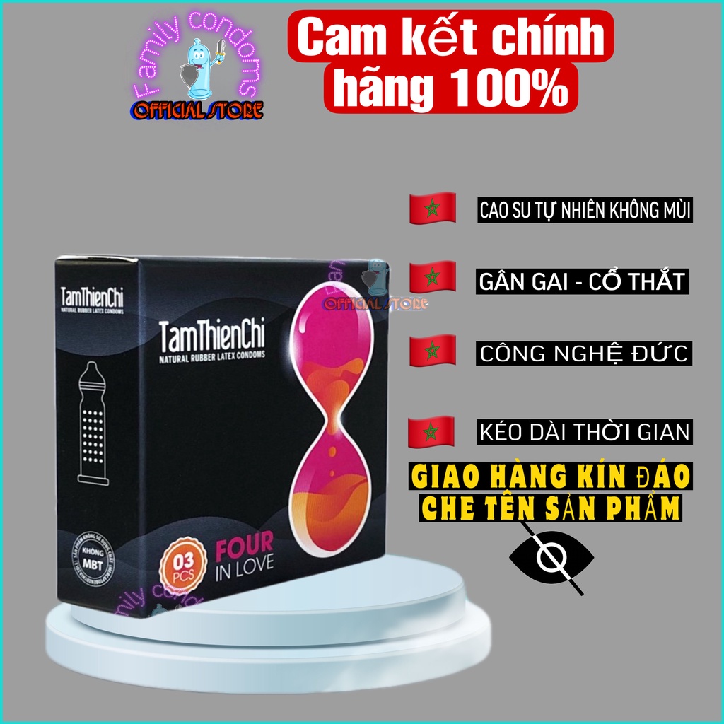 Bao cao su gai nổi Tâm Thiện Chí FOUR IN LOVE 4 in 1 gân gai kéo dài thời gian - hộp 3 cái