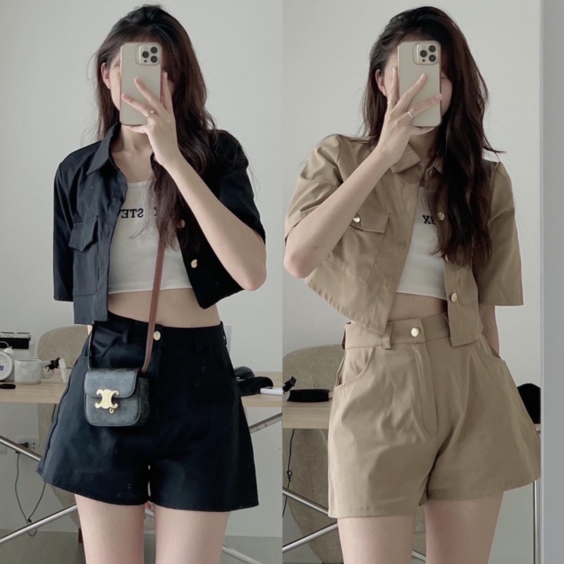 Set 3 Món Kaki (loại 1) Áo Khoác Tay Ngắn Kèm Áo Dây ALBX Mix Quần Short