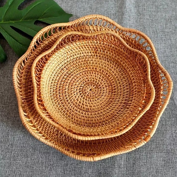 Khay mây Vintage hình hoa sen bộ 2 cái dùng để đựng bánh, đồ ăn, quả, bánh kẹo, decor - Hàng xuất Nhật