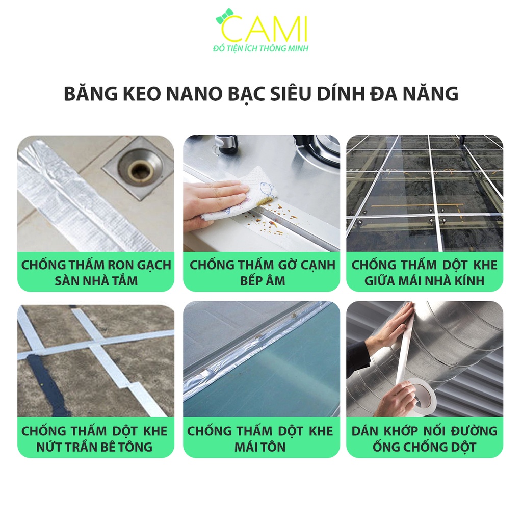 Băng keo phủ nhôm chống thấm dột, dán chân tường, mái tôn, ống nước tiện lợi_Cami_CMPK199