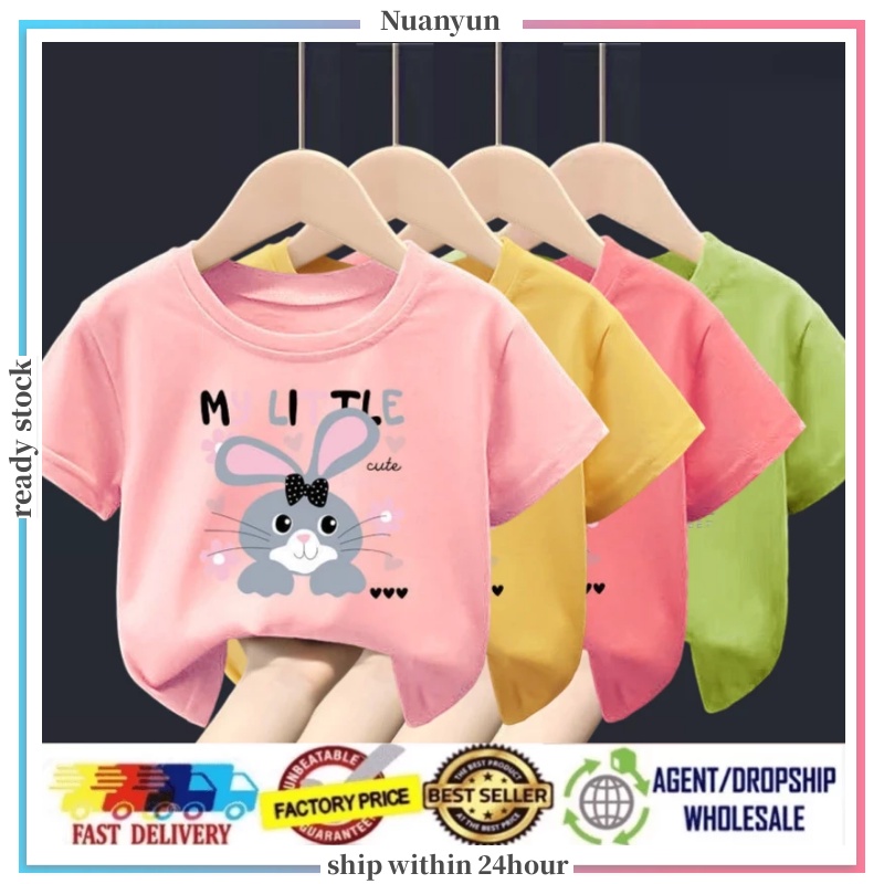 3-12Y Cute Rabbit Print Boys Girls Short Sleeve T-Shirts Round Neck Soft Kids Short Sleeve Tops Solid Color Plus Size Kids TShirtS Summer Cartoon Print Kids Tops
