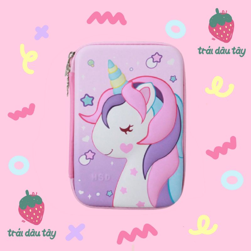 HỘP BÚT BẢNG TO CHO BÉ GÁI HÌNH UNICORN IN NỔI 3D CHỐNG NƯỚC SIÊU NHẸ MÀU HỒNG TÍM XINH XẮN (trái dâu tây)