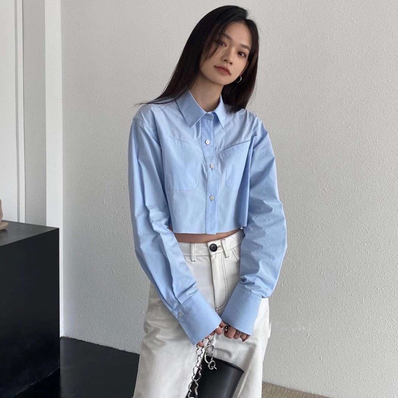 Áo Sơ Mi Nữ Croptop Thiết Kế Dài Tay Form Rộng Phối Túi Ngực Phong Cách Ulzzang Thời Trang Sugal SO MI NU 029V3