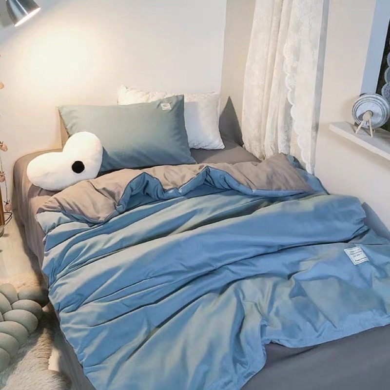 Trọn Bộ Chăn Ga Gối Cotton TC Cao Cấp Hizun - Xanh Biển Phối Ghi