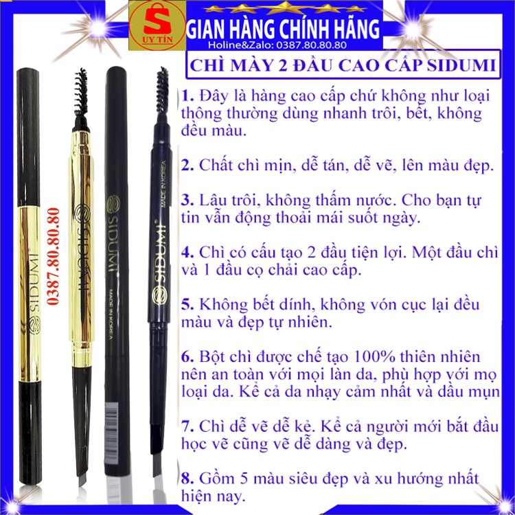 Bút chì kẻ lông mày chân mày phẩy sợi 2 đầu dạng chuốt loại tốt lâu trôi không thấm nước Sidumi hàn quốc màu nâu đen 4d