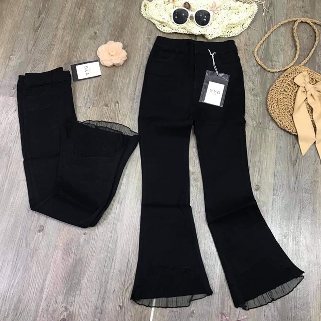 Quần bò thô skindy loe phối ren đẹp, hàng chuẩn đẹp có ảnh thật shop chụp