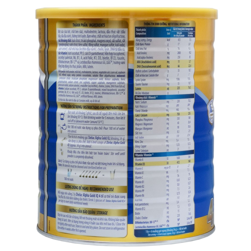 SỮA BỘT  VINAMILK DIELAC ALPHA GOLD COMPLET IQ SỮA NON 3/4  HỘP 1.4KG