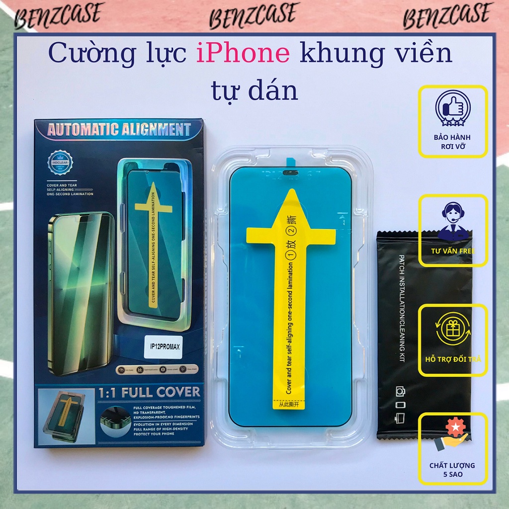 Cường lực iPhone khung viền cao cấp tự dán thông minh full màn hình độ cứng 9H siêu bền