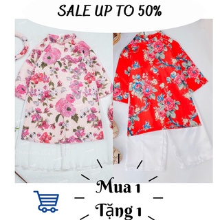 Áo dài nhung cho bé 💕❣️ tặng mấn 💕❣️ áo dài chất nhung hoa thược dược kèm quần xếp li diện tết cho bé