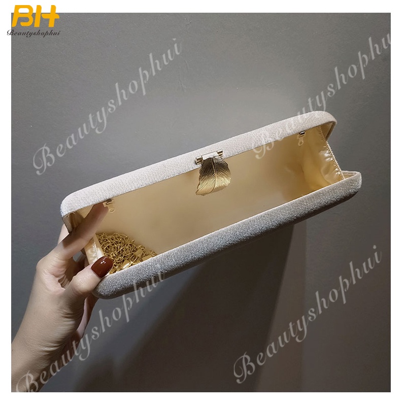 Ví Cầm Tay Vải Nhung Đính Khóa Hình Chiếc Lá Thời Trang Dự Tiệc
