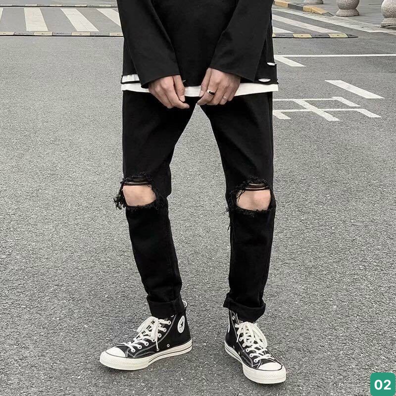 Quần Jeans Nam Chất Bò Rin Cao Cấp Xám Đen Rách Gối Co Giãn Ống Côn Dáng Ôm Basic T101