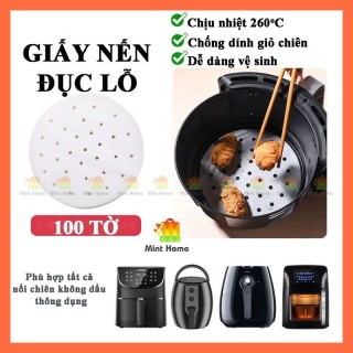 Set 100 giấy nến đục lỗ lót nồi chiên không dầu, hấp nướng bánh, chống dính