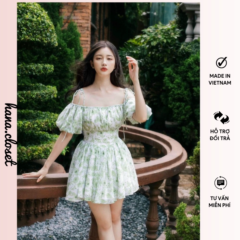 Đầm nữ hoa xanh 2 dây bẹt vai đầm đi chơi dự tiệc đi đám cưới phong cách sexy trẻ trung