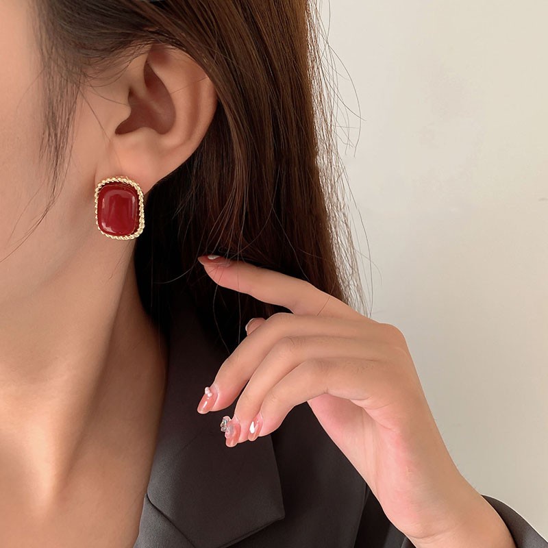 MOCHASHUBông Tai ĐíNh NgọC Trai Giả MàU Đỏ ThờI Trang