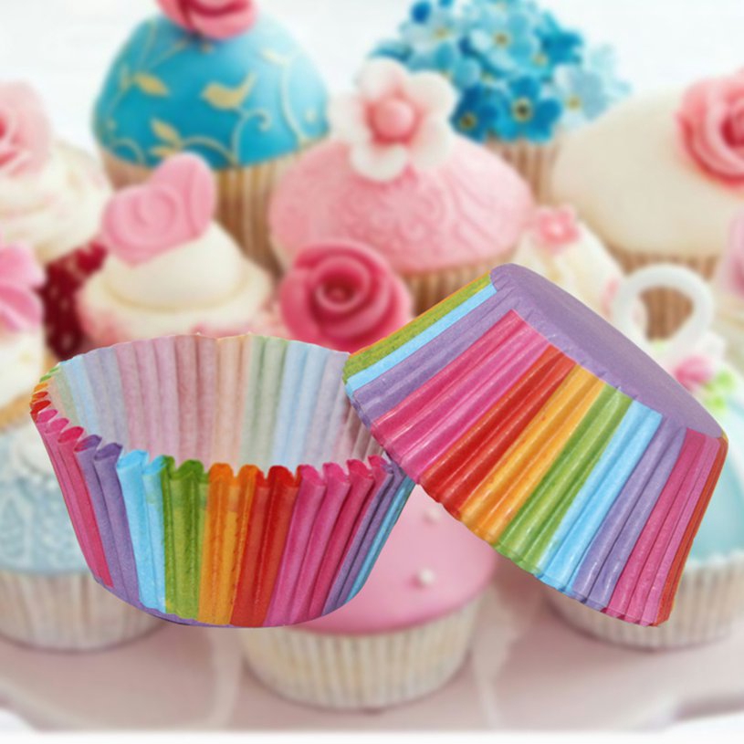 ♥FL*100PCS/SET Rainbow Style Paper Cake Forms Cupcake Liner Baking Muffin Box Cup♬