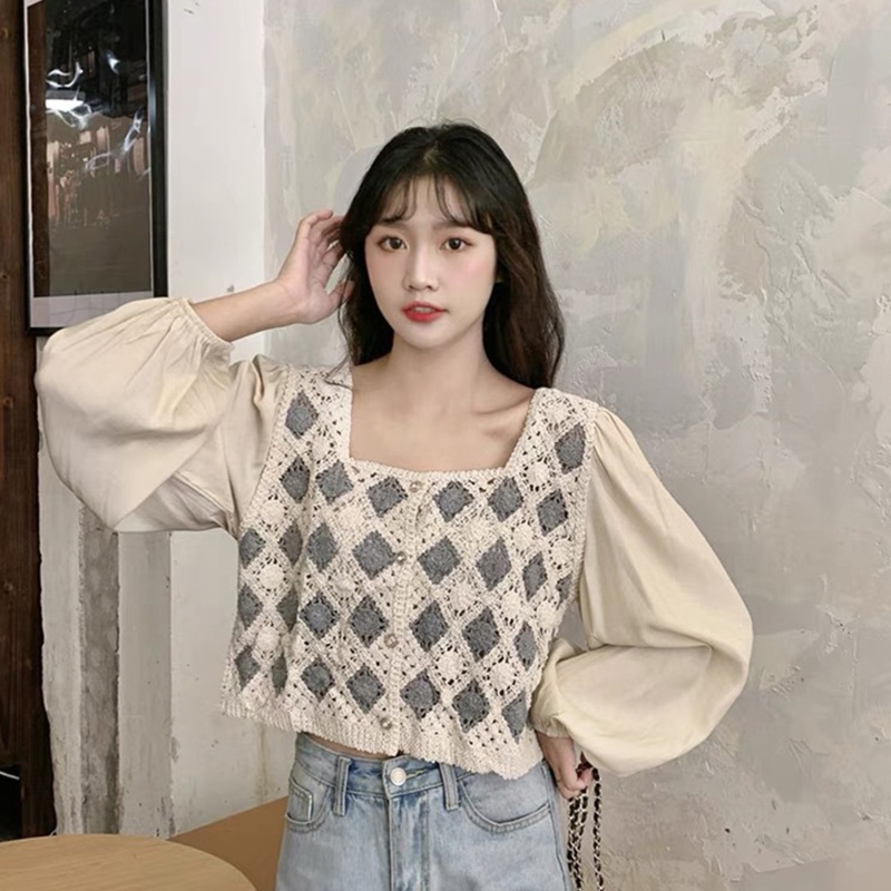 Áo Khoác Cardigan Chiffon Tay Dài Phồng Cổ Vuông Phối Ren Hoa Phong Cách Pháp Cổ Điển Thời Trang Cho Nữ