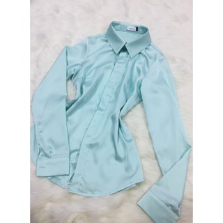 Áo sơ mi lụa xanh ngọc💖Freeship💖Áo nữ màu xanh ngọc tay dài cổ đức
