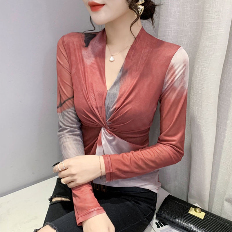 Áo Thun Tay Dài Cổ Chữ V Phối Lưới Nhuộm Màu Phong Cách Phương Tây Thời Trang Mùa Xuân Cho Nữ s 2022