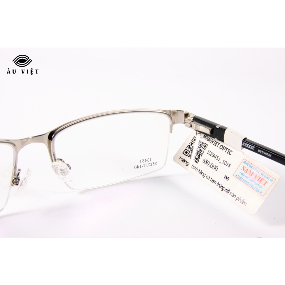 Gọng kính nhựa và kim loại Ice Breeze I-3451 nam dáng chữ nhật vuông màu bạc Full box