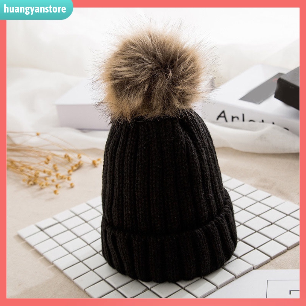HY| Mũ len đính bóng lông màu trơn giữ ấm cho nữ