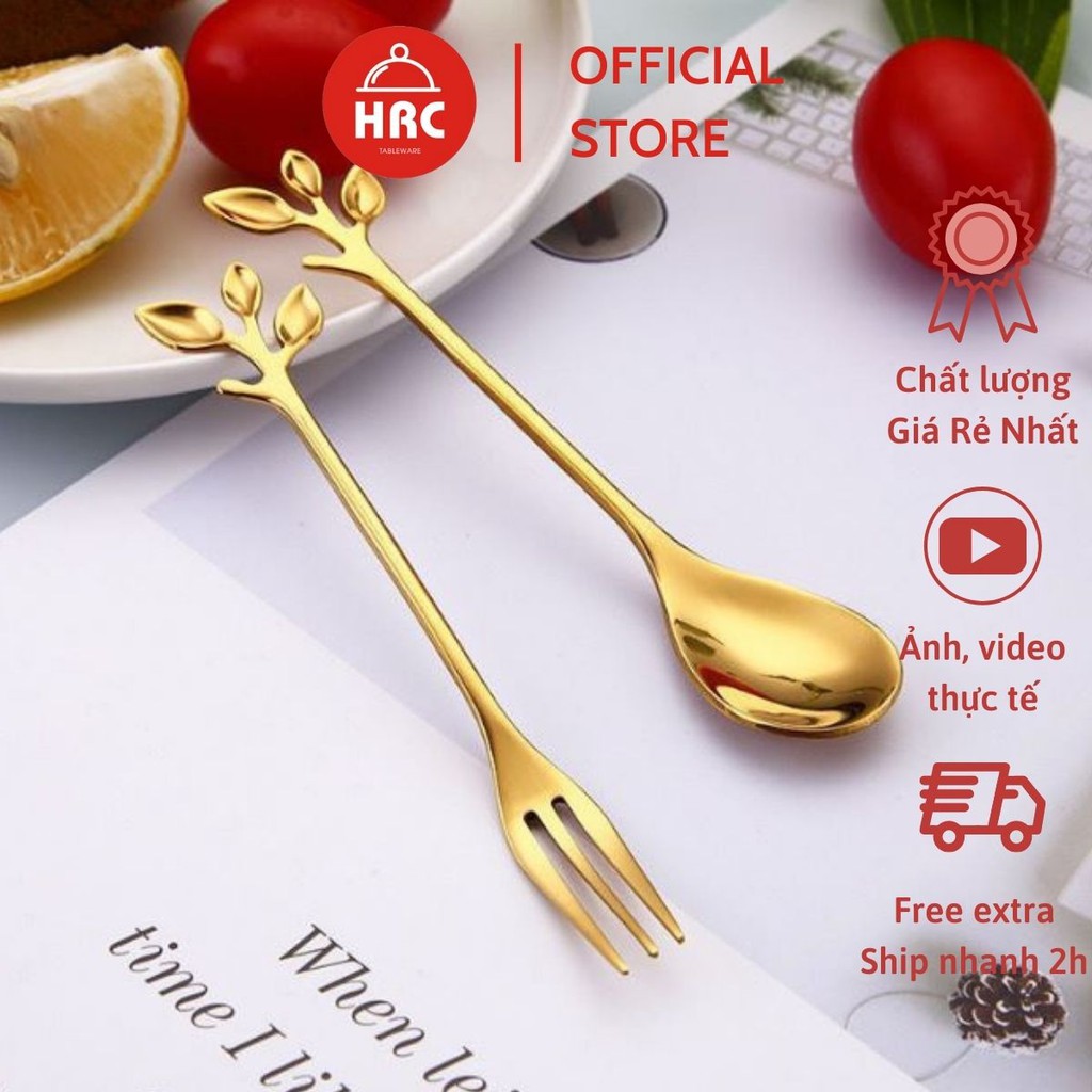 Thìa Nĩa ăn inox 304 cao cấp mạ vàng sang trọng Muỗng Dĩa cán hình lá độc đáo