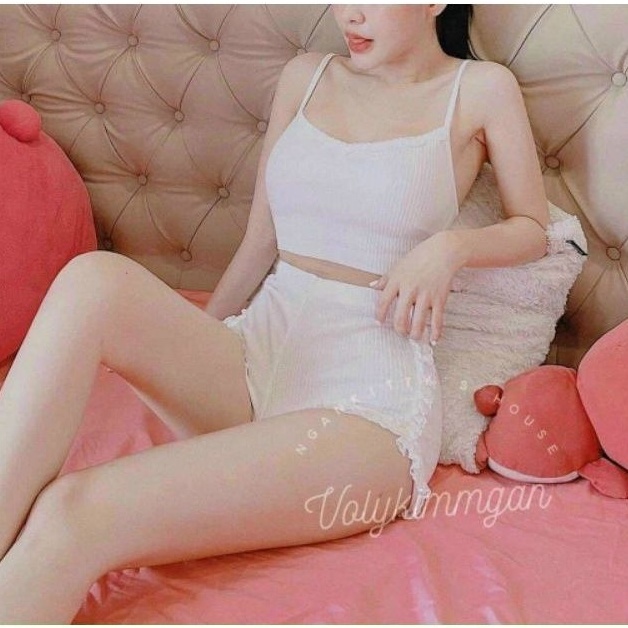 Sét bộ ngủ quần ren PC & áo 2 dây cổ tim croptop👯