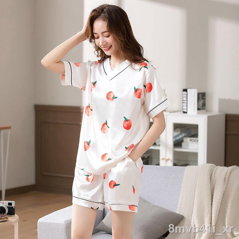 Bộ đồ ngủ pijama nữ lụa băng có thể mặc bên ngoài size lớn, người mập mm2 kg, ngắn tay rời phiên bản hàn quốc, kè