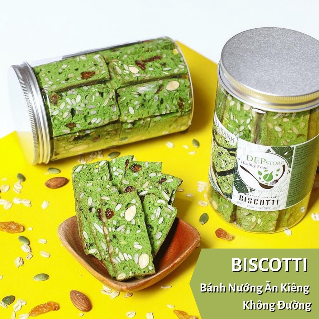 Bánh BISCOTTI Nguyên Cám Vị Matcha Đẹp Store - Bánh Ngũ Cốc Nướng Ăn Kiêng Không Đường