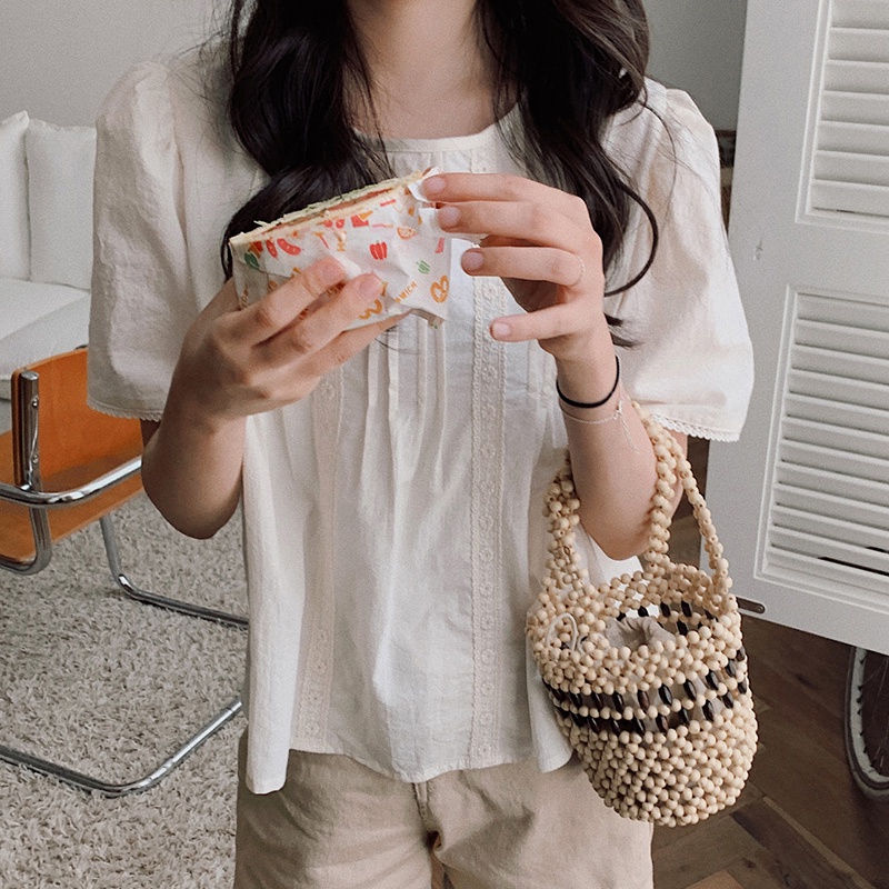 Áo kiểu cổ tròn tay ngắn xếp ly phong cách Hàn Quốc cho nữ 45359