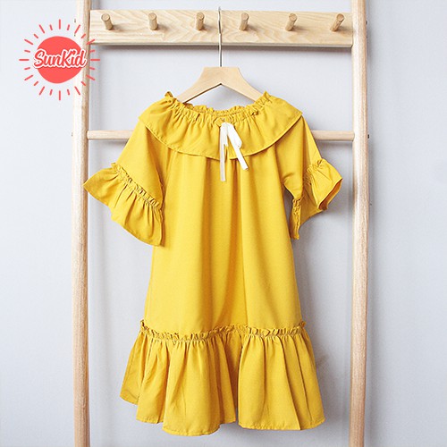 Váy đầm bé gái xòe đính nơ hè vải trượt nhật cho bé gái Sunkid BT màu hồng, vàng size trẻ em 4-12 tuổi
