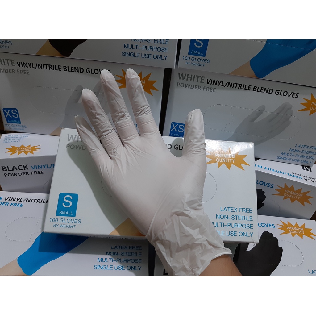 Găng Tay Không Bột Màu Trắng KHÔNG BỘT Vinyl/Nitrile Hộp 100 Chiếc Dùng Trong Làm Tóc Thẩm Mỹ, Spa, Nha Khoa