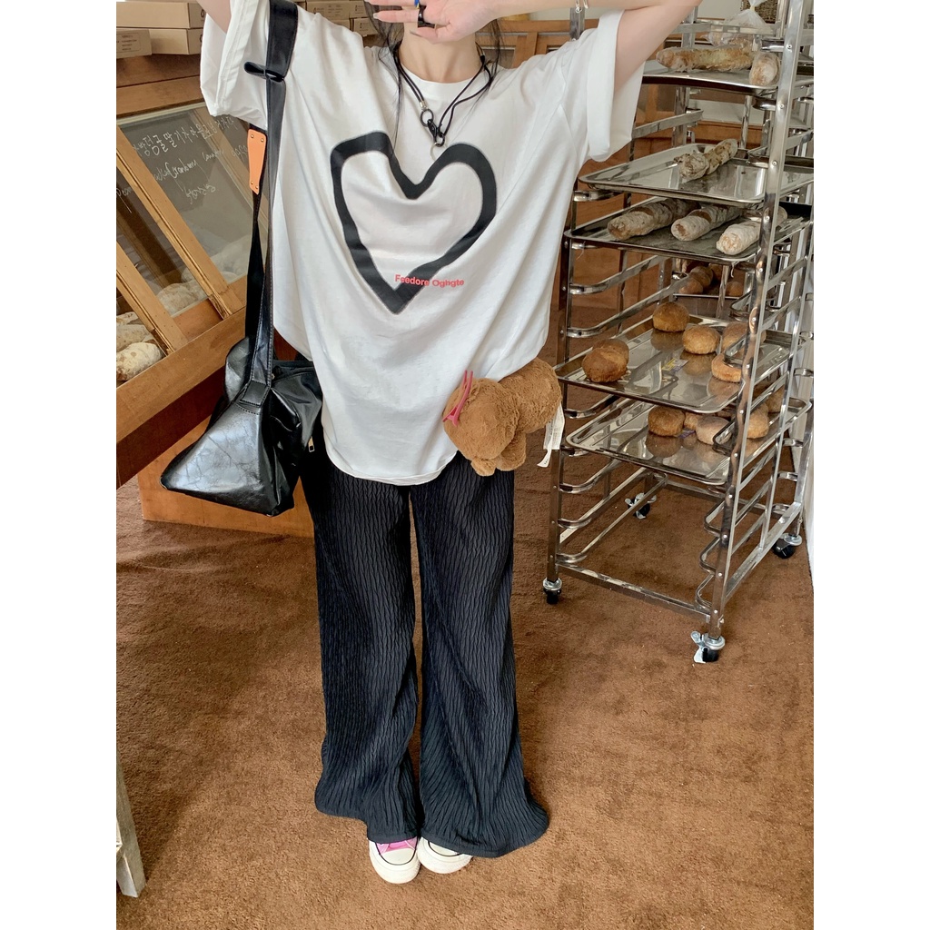 Áo Thun cotton Tay Ngắn Cổ Tròn In Họa Tiết Trái Tim Thời Trang Phong Cách Hàn Quốc Cho Nữ