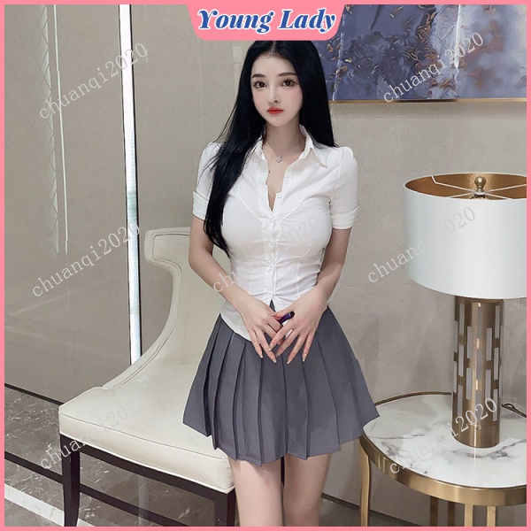 Set cà vạt và áo kiểu màu trắng trơn chiết eo phong cách Hàn Quốc thời trang 2022 cho nữ có lẻ áo