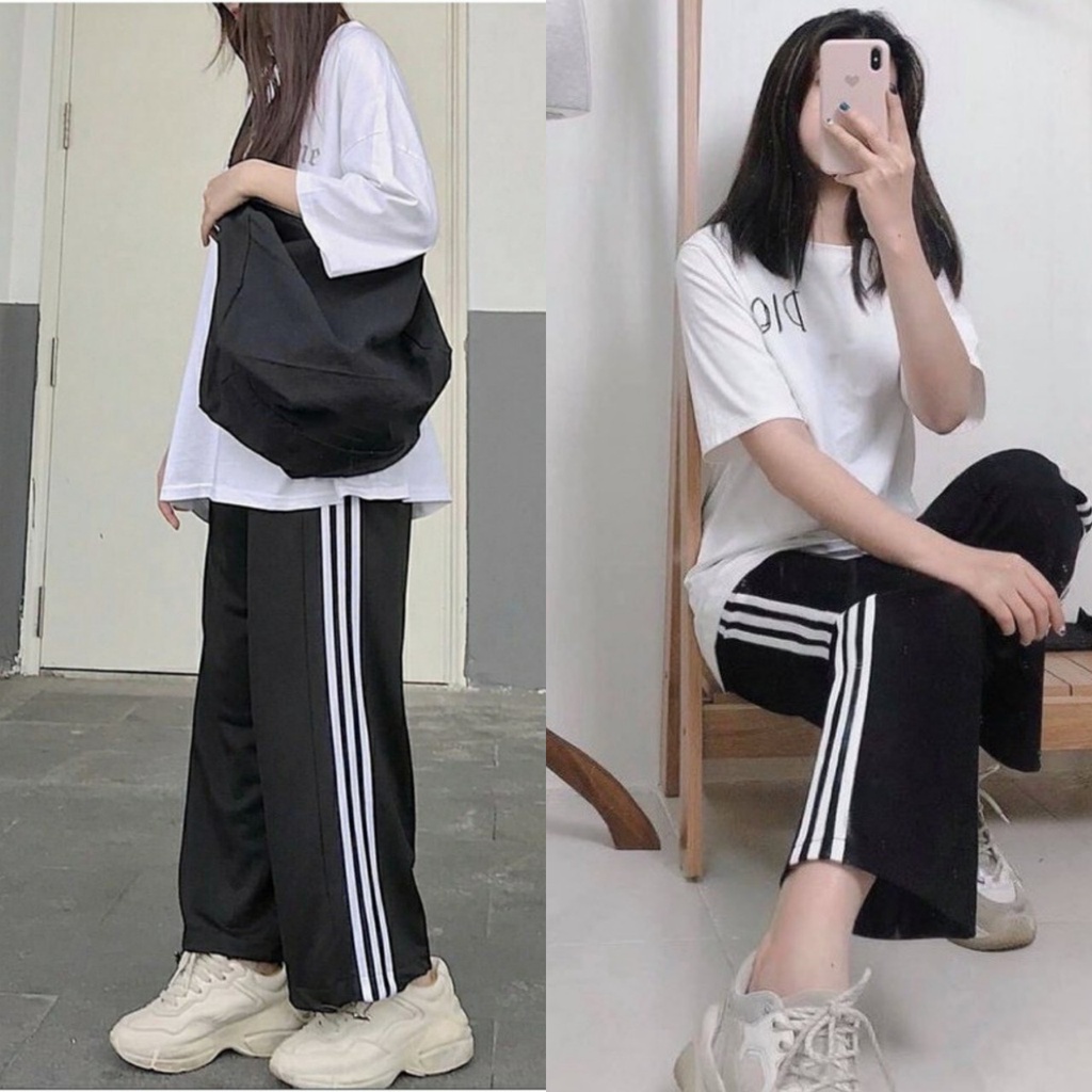 Quần thể thao 3 sọc nữ ống rộng viền kẻ sọc trắng có dây rút kéo - Quần thể thao ống rộng nữ chất vải Umi đi học thể dục