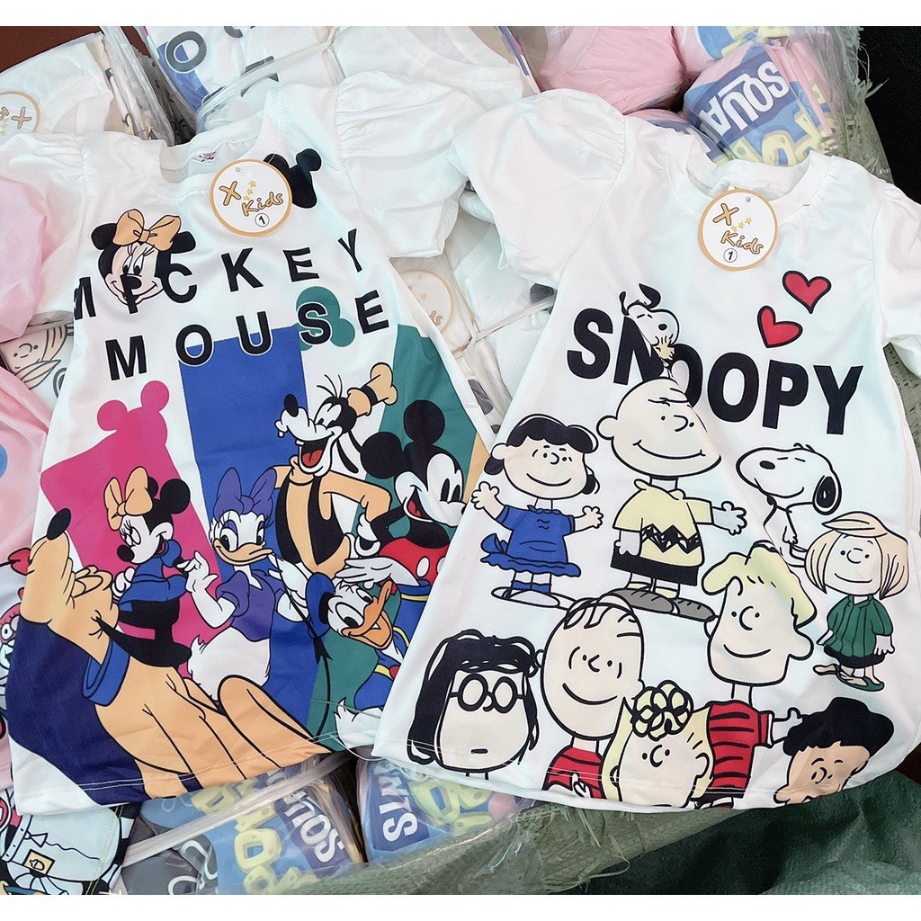 Váy bé gái - Váy hoạt hình 3D họa tiết Mickey, Snoopy xinh xắn cho bé 8-35Kg
