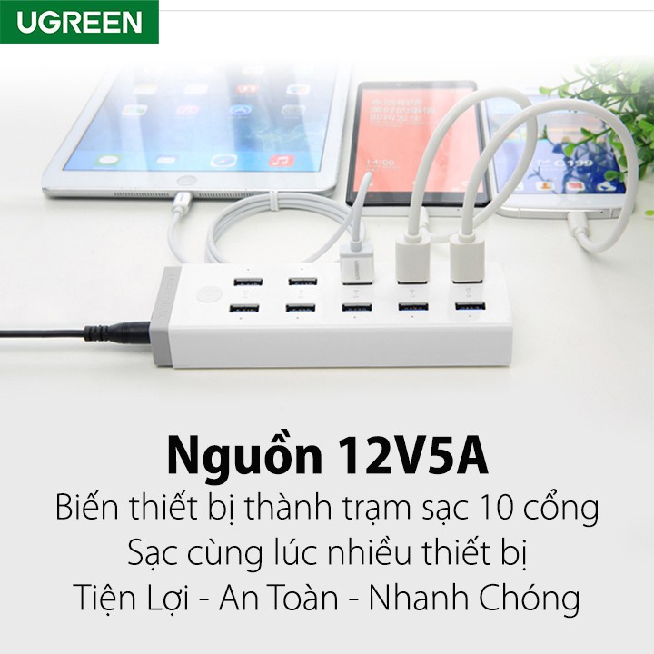 Bộ Chia USB 3.0 10 Cổng Cao Cấp Có Nguồn rời 12V-4A Ugreen 20297 - Hàng Chính Hãng