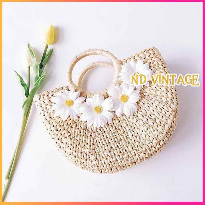 Túi Cói Bán Nguyệt Xách Tay Hoa Cúc, Tua Rua Thổ Cẩm, Sản Phẩm Của Làng Nghề Thủ Công Mỹ Nghệ Ninh Bình
