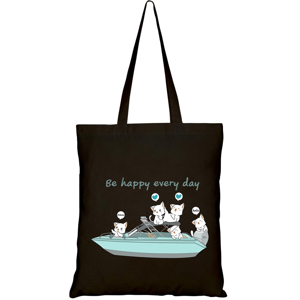 Túi vải tote canvas HTFashion in hình kawaii cats speed boat HT139