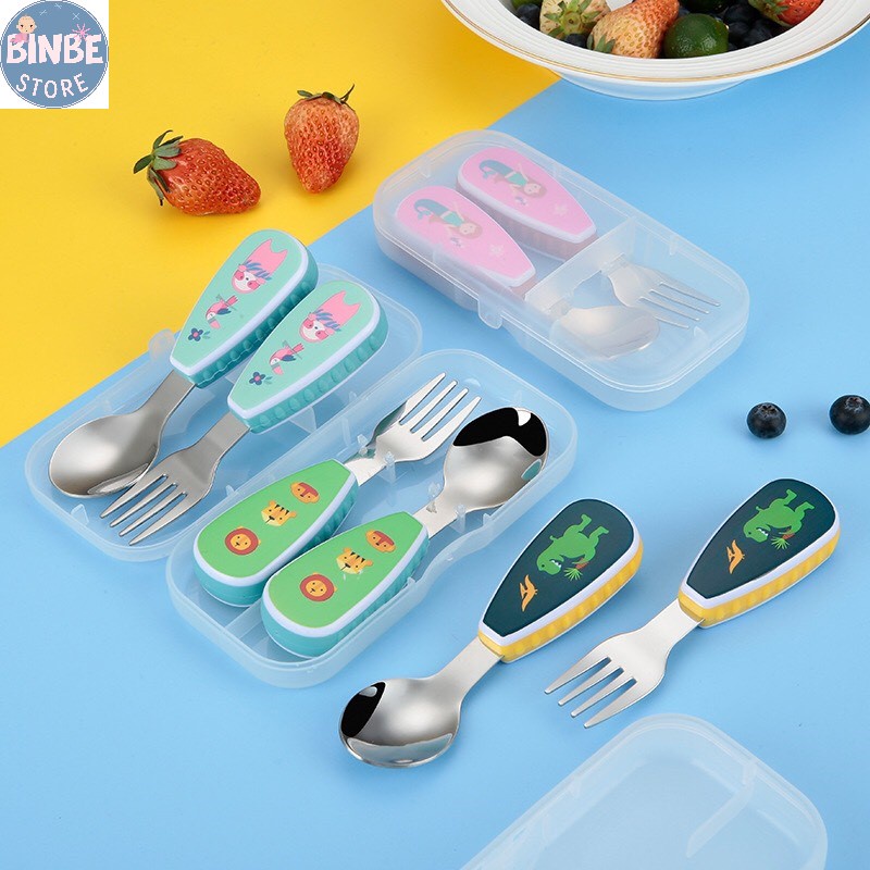 Thìa ăn dặm, set thìa dĩa ăn dặm inox 304 cao cấp cho bé trai bé gái Binbestore