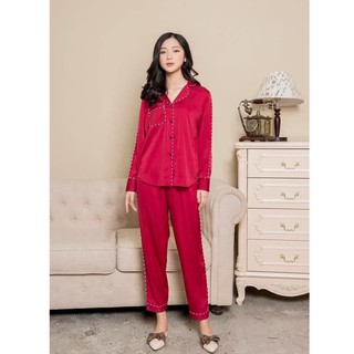 Đồ Bộ Mặc Nhà Nữ Lụa Cao Cấp Dáng Pijama Áo Dài Quần Dài Màu Đỏ Viền Lé [ẢNH + CLIP THẬT]