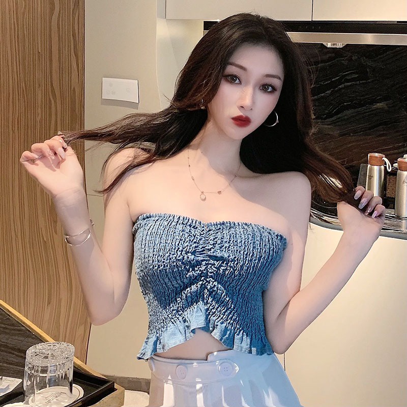 Áo Denim Trễ Vai Dáng Ôm Phong Cách Hàn Quốc Thời Trang Mùa Hè Cho Nữ