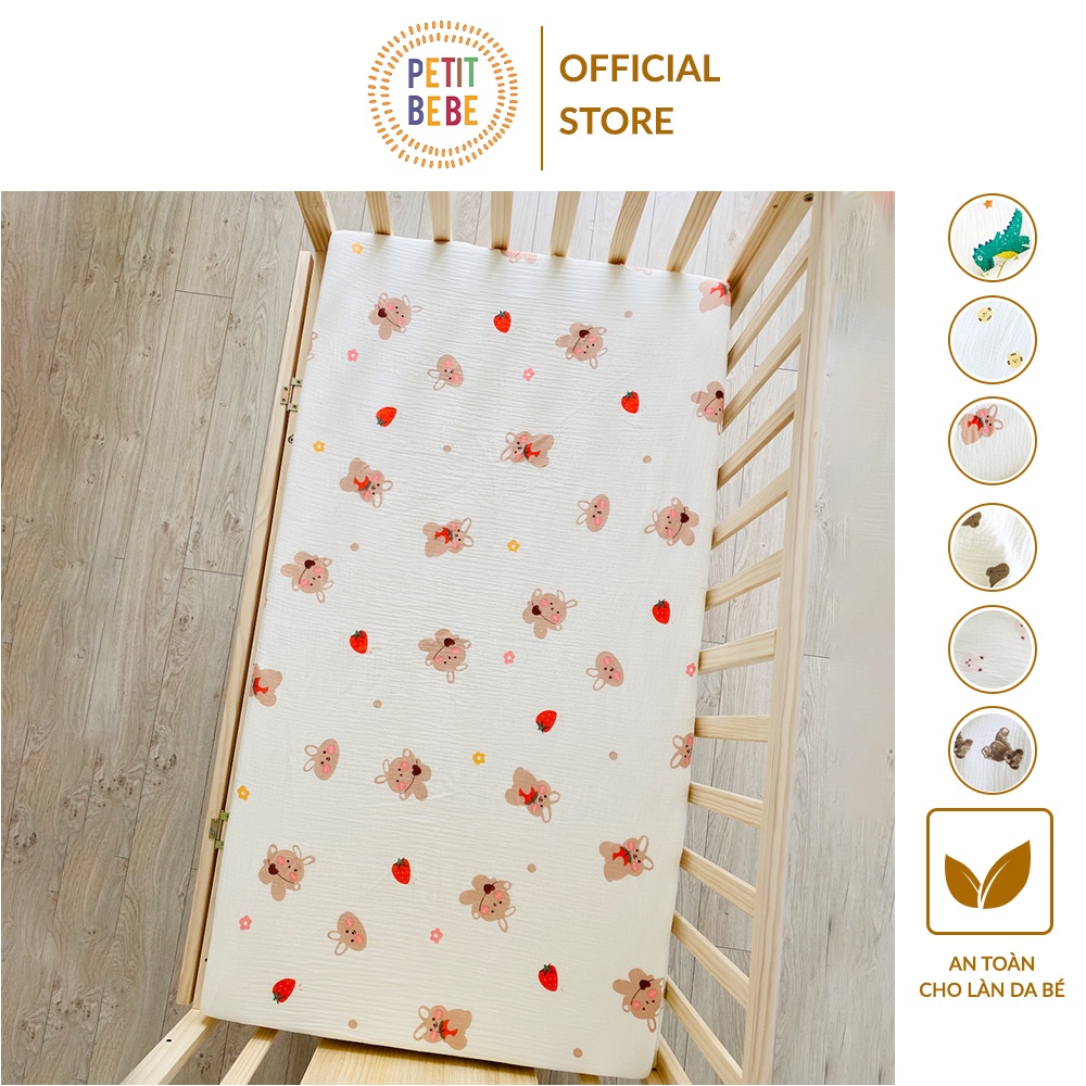 Ga bọc đệm cũi đa năng bo chun cho bé PETIT BEBE muslin 62x114cm họa tiết động vật đáng yêu