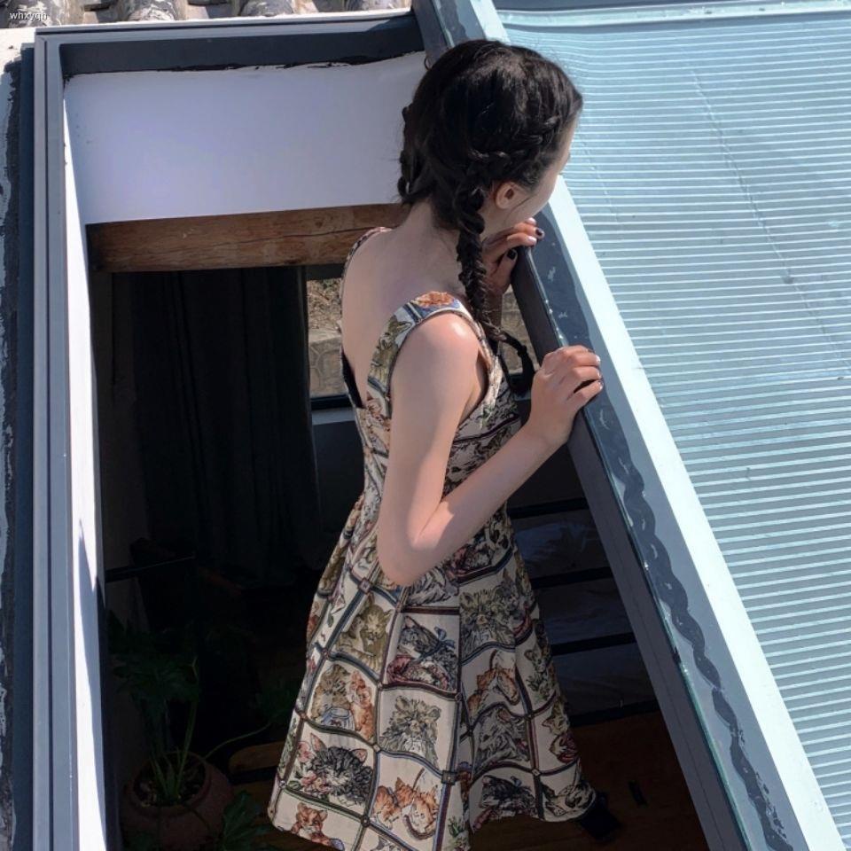 Đầm Hai Dây Dáng Ôm In Họa Tiết Mèo Phong Cách Retro Quyến Rũ Thời Trang Mùa Hè Mới