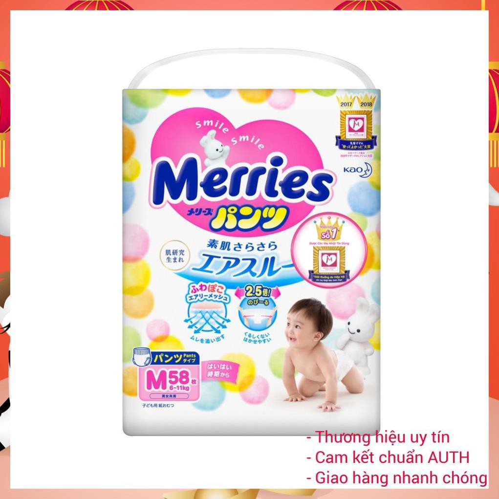 TÃ QUẦN MERRIES NỘI ĐỊA NHẬT SIZE M (6-11KG, GÓI 58 MIẾNG - BỈM QUẦN CHO BÉ MERRIES NỘI ĐỊA NHẬT THẤM HÚT TỐT