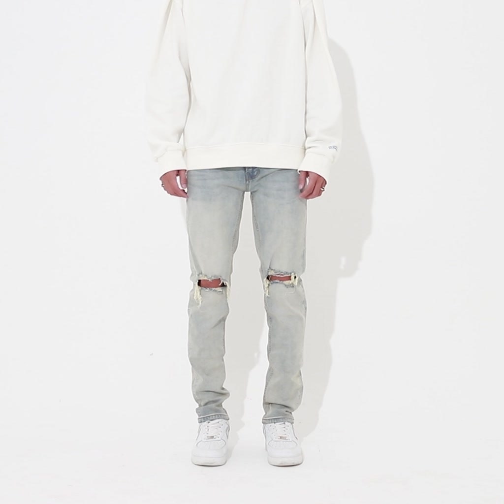 Quần jean nam streetwear cao cấp FNOS NZ8 màu xanh wash bạc rách gối form slimfit  jean co giãn | BigBuy360 - bigbuy360.vn