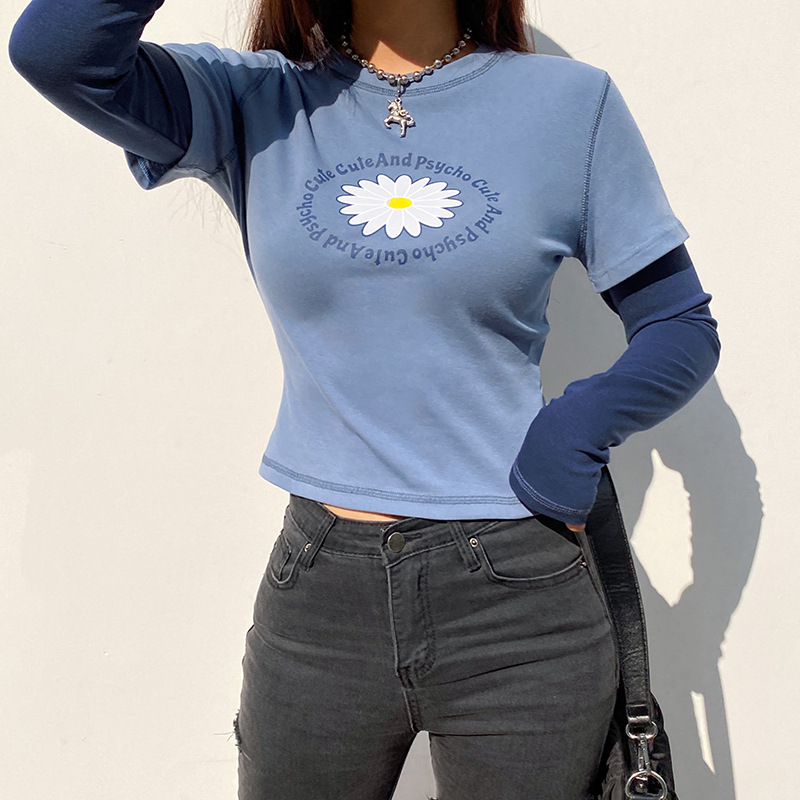 ✿-LZZ-✿-Women Casual Long Sleeve T-shirt, Blue Round Collar Letters and Floral Printed Pattern Tops