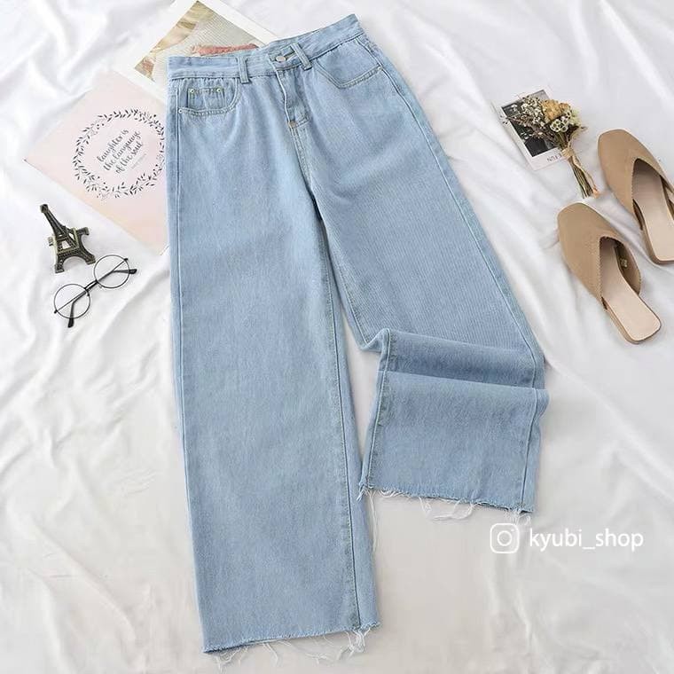 Quần Jeans Baggy Ống Rộng lai cắt tua cá tính [ Nhạt _ Đậm ] [Có Bigsize] - Quần Jean Ống rộng Kyubi BJR21