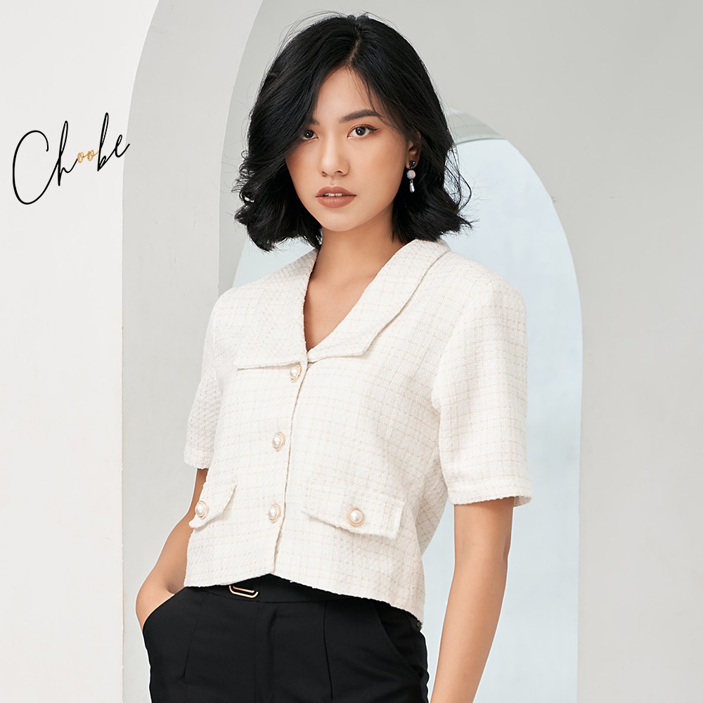 Áo tweed nữ Choobe sang chảnh, cúc tròn cao cấp, áo dạ tweed ngắn tay phong cách thời trang Hàn Quốc A12