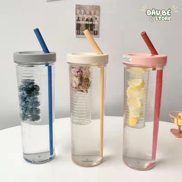 Bình Đựng Nước Nhựa 700Ml Dễ Thương - Bình Nước Nhựa Trong Suốt Kèm Ống Hút Cute Tiện Dụng - Daube - Pk006